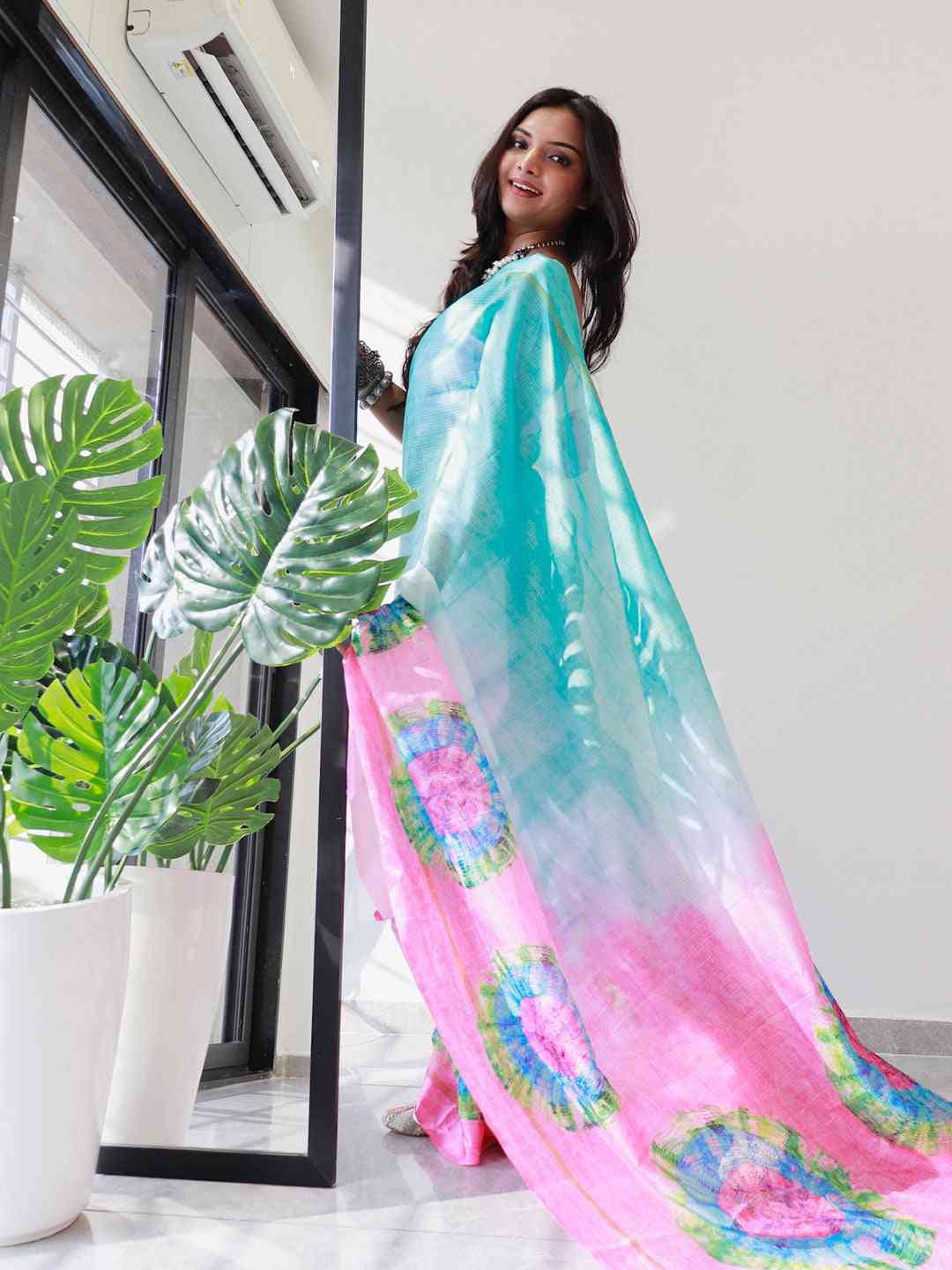 Elegant pink and blue tie dye saree in satin Kota Doriya