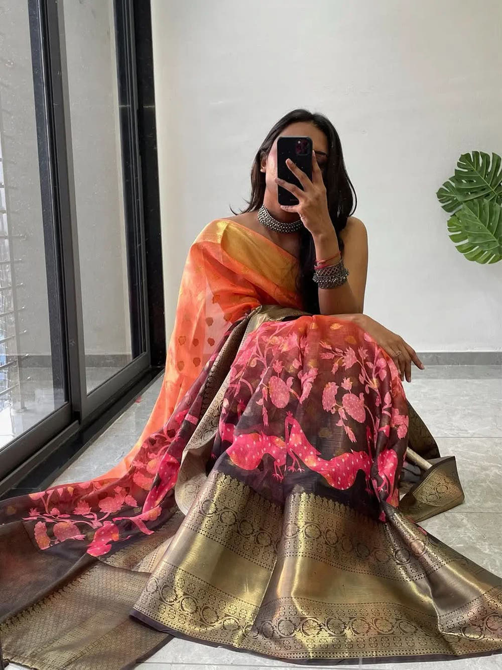 Elegant Hybrid Kalamkari Saree with intricate floral patterns