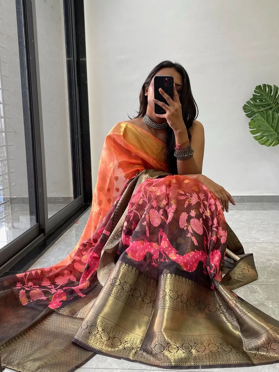 Elegant Hybrid Kalamkari Saree with intricate floral patterns