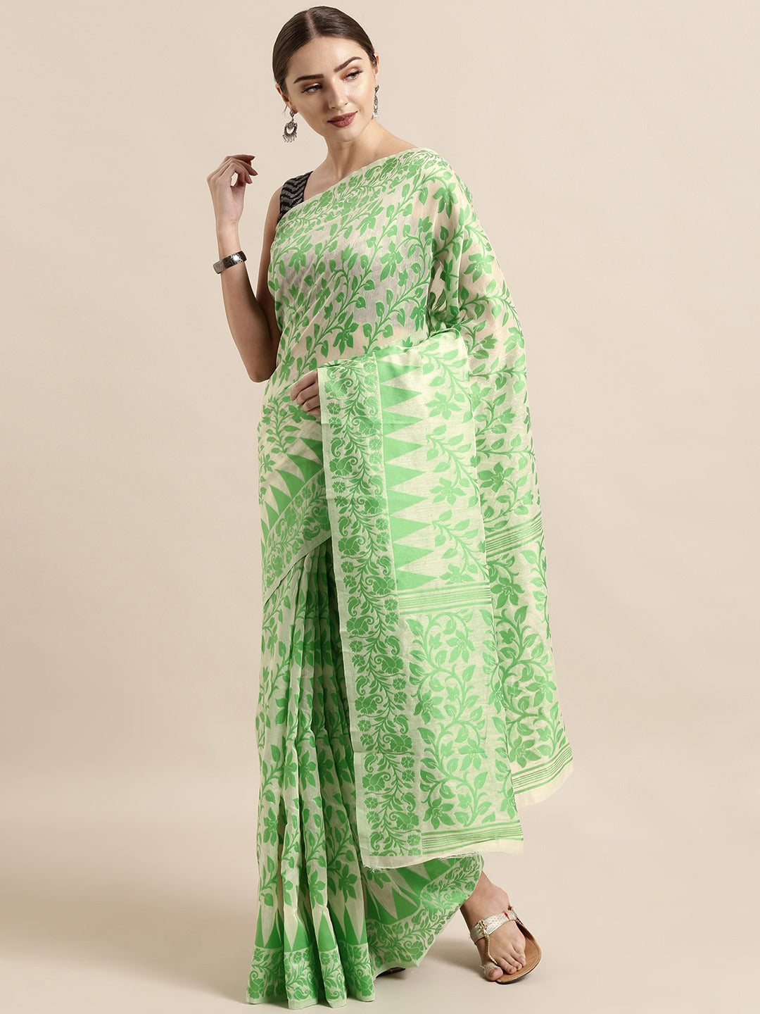 Jamdani Lime Colour Woven Design Silk Cotton Saree