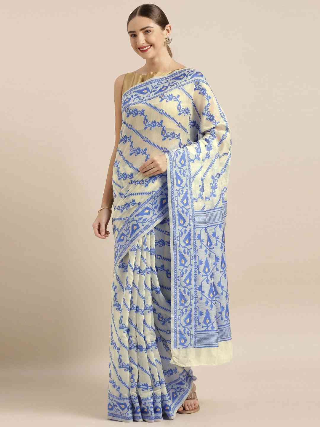  Jamdani Blue Colour Silk Cotton Saree