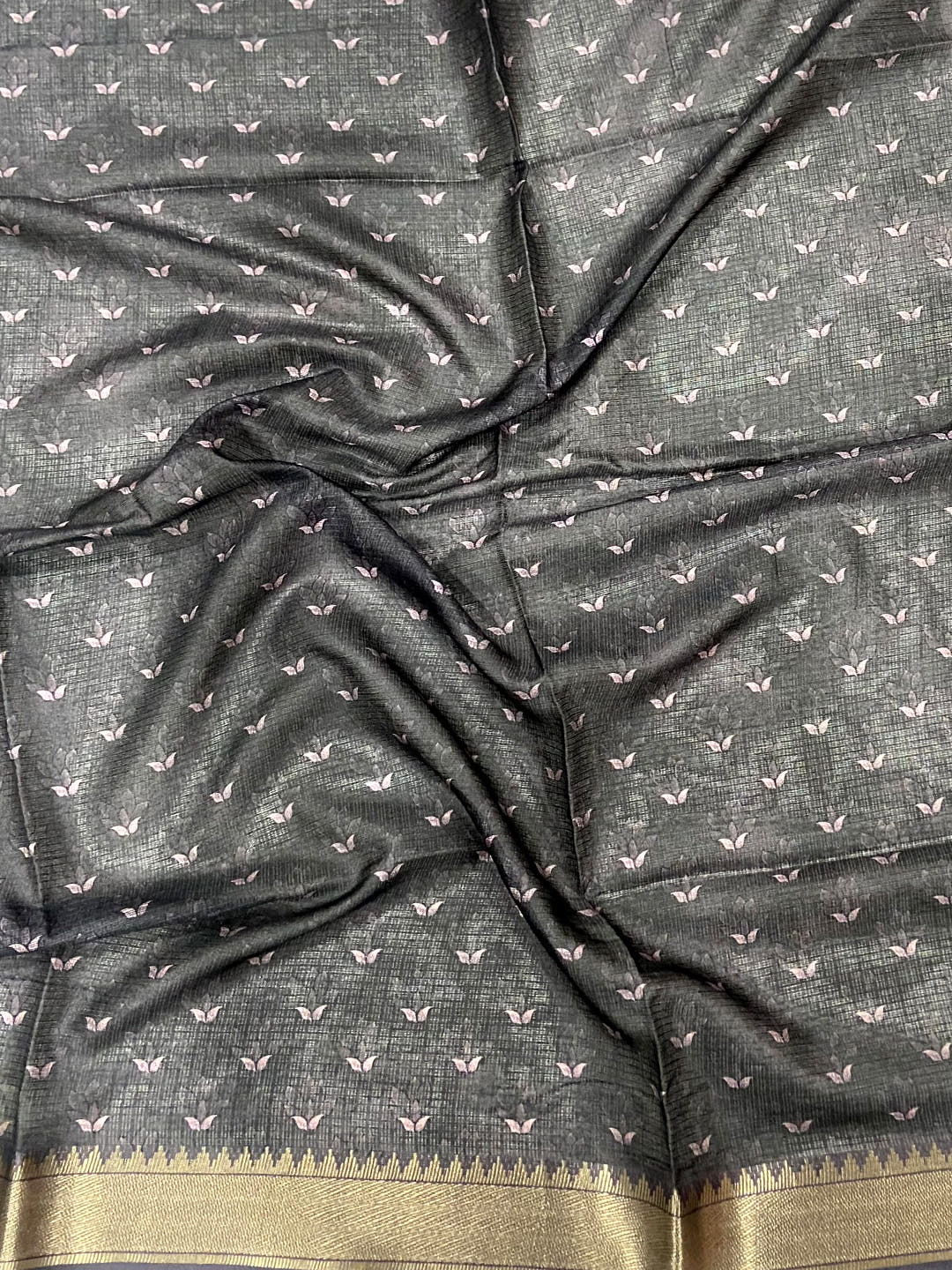 Dark Grey Kota Doriya Zari Weave Digital Print Saree