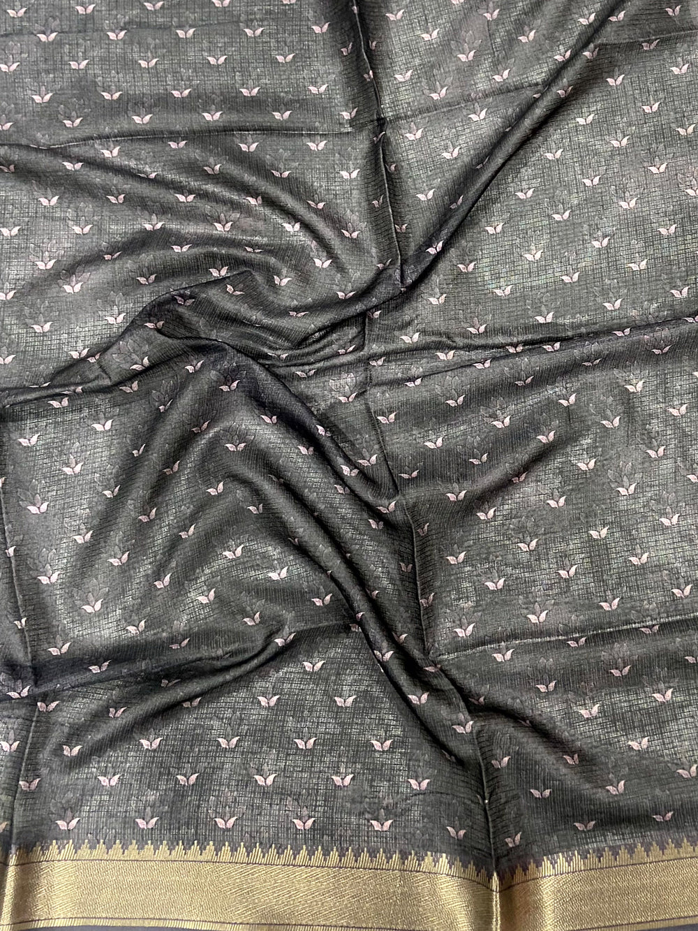 Dark Grey Kota Doriya Zari Weave Digital Print Saree