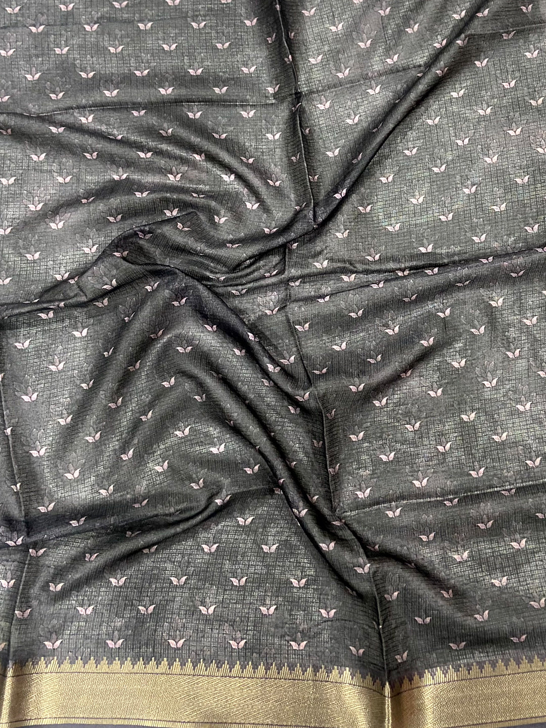 Dark Grey Kota Doriya Zari Weave Digital Print Saree