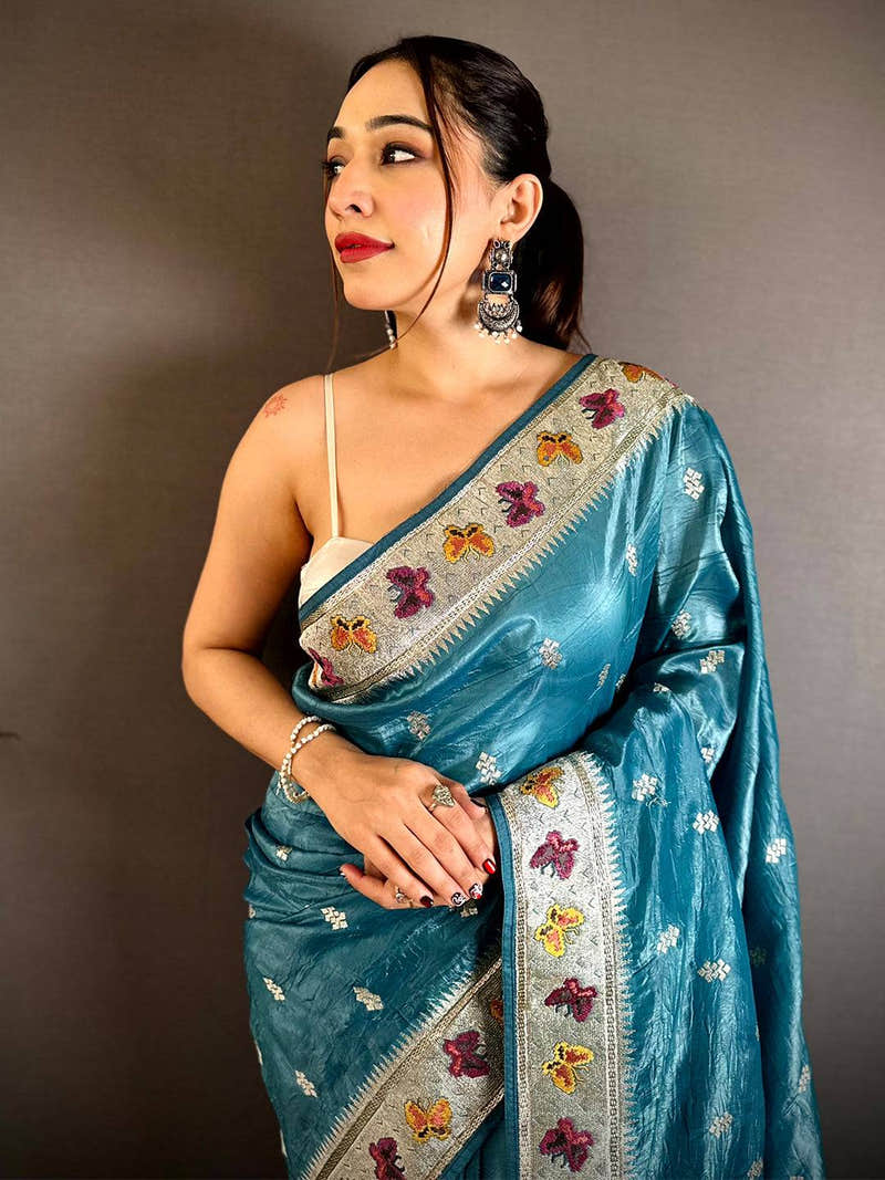 Rama Crush Silk Zari Embroidered Saree