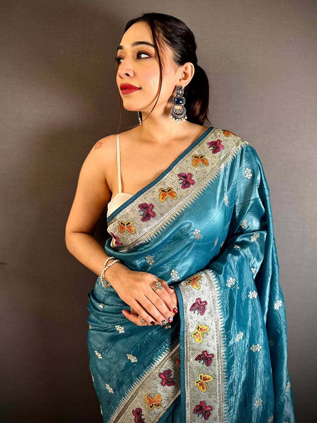 Rama Crush Silk Zari Embroidered Saree