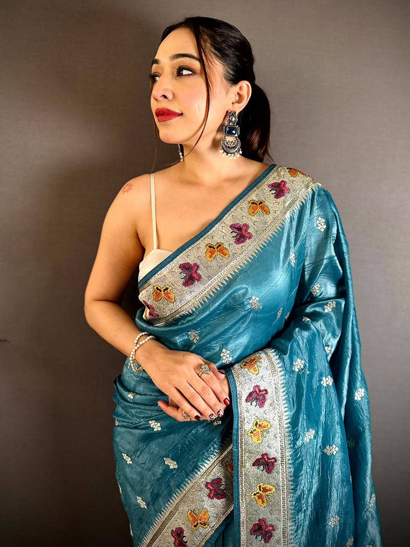 Rama Crush Silk Zari Embroidered Saree