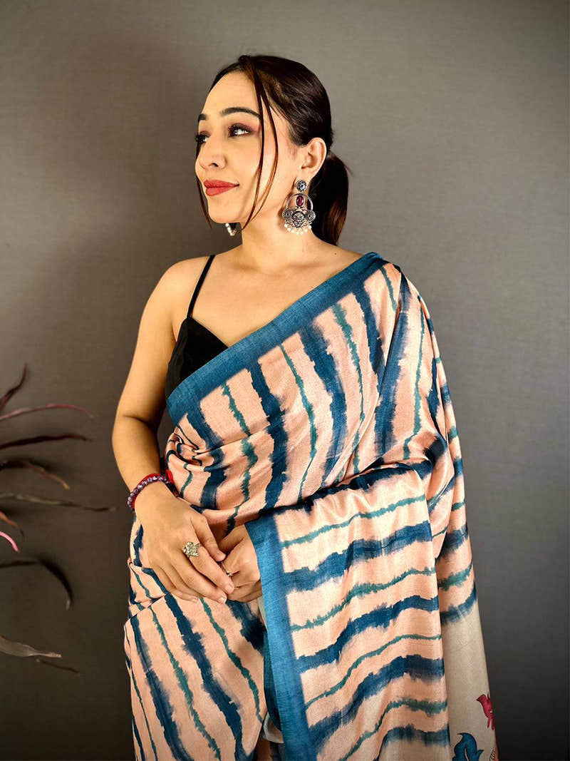 Artistic Ivory Tussar Kalamkari Print Saree