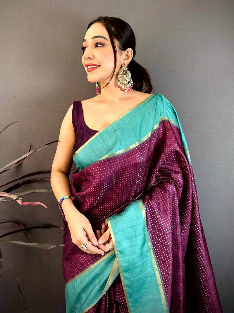Wine Tussar Gold Zari 1000 Butti Saree