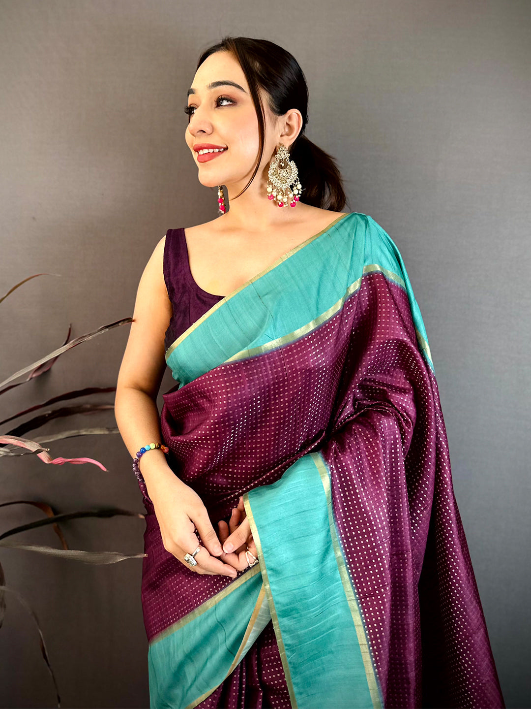 Wine Tussar Gold Zari 1000 Butti Saree