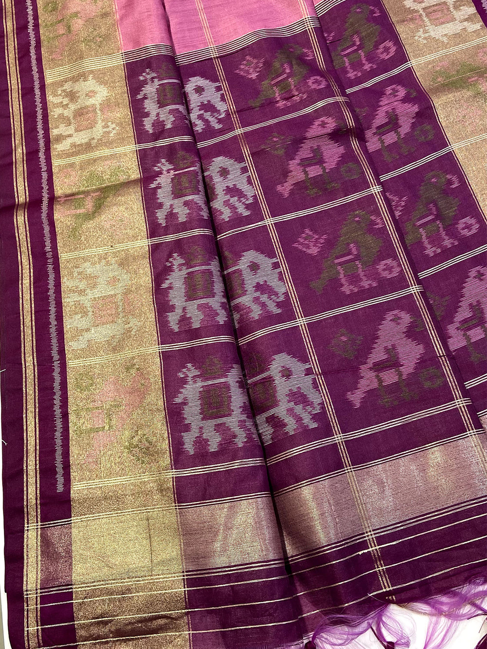Pink Double Ikat Tussar Silk Saree