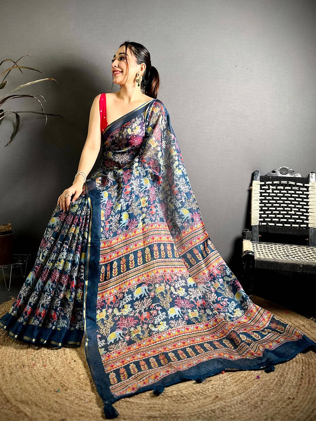 Navy Kota Doriya Kalamkari Print Saree