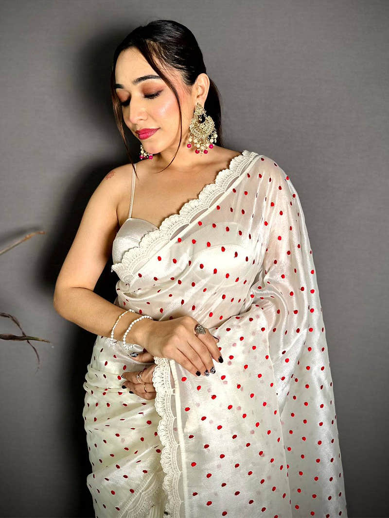 White Soft Tissue Resham Polka Dot Saree