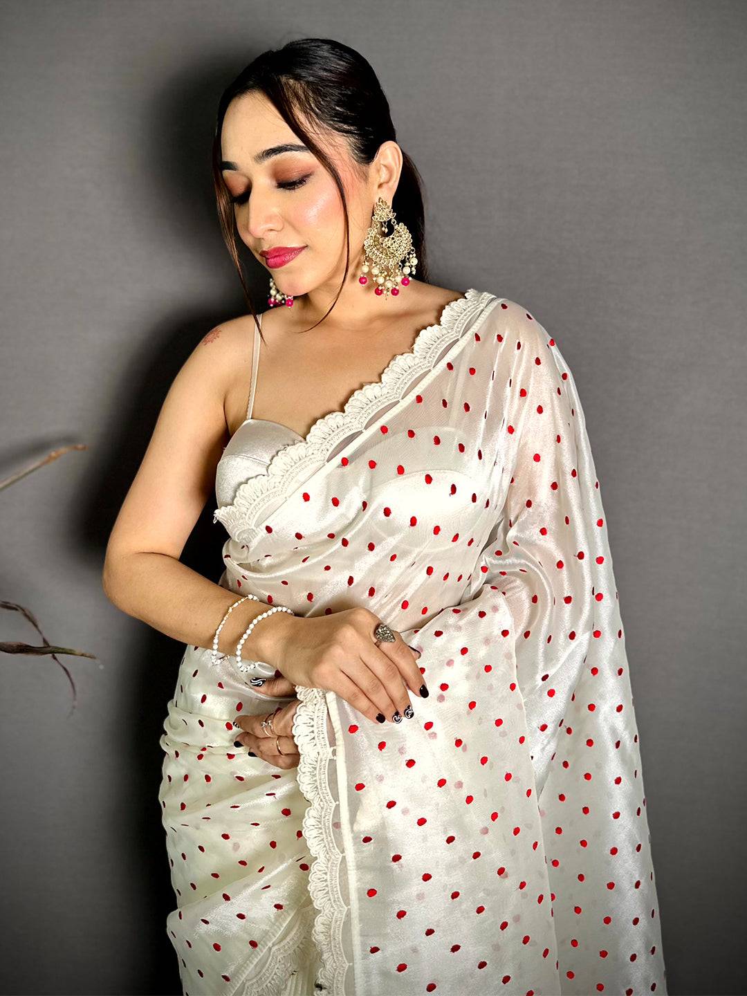 White Soft Tissue Resham Polka Dot Saree