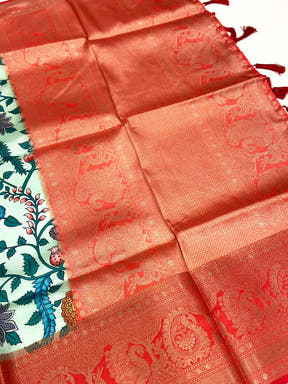 Turquiose Floral Printed Banarasi Saree