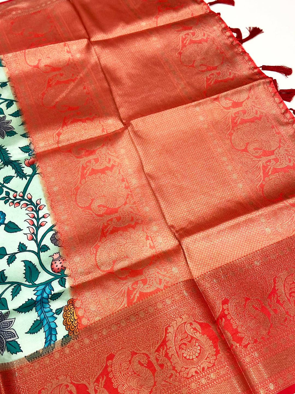 Turquiose Floral Printed Banarasi Saree