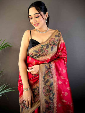 Red Soft Silk Kalamkari Printed Pallu Saree