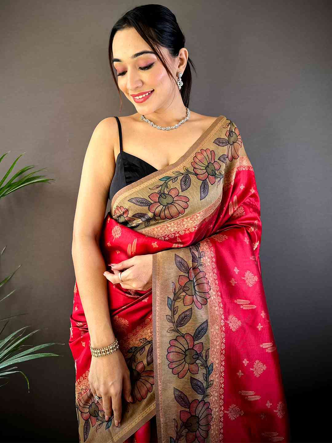 Red Soft Silk Kalamkari Printed Pallu Saree