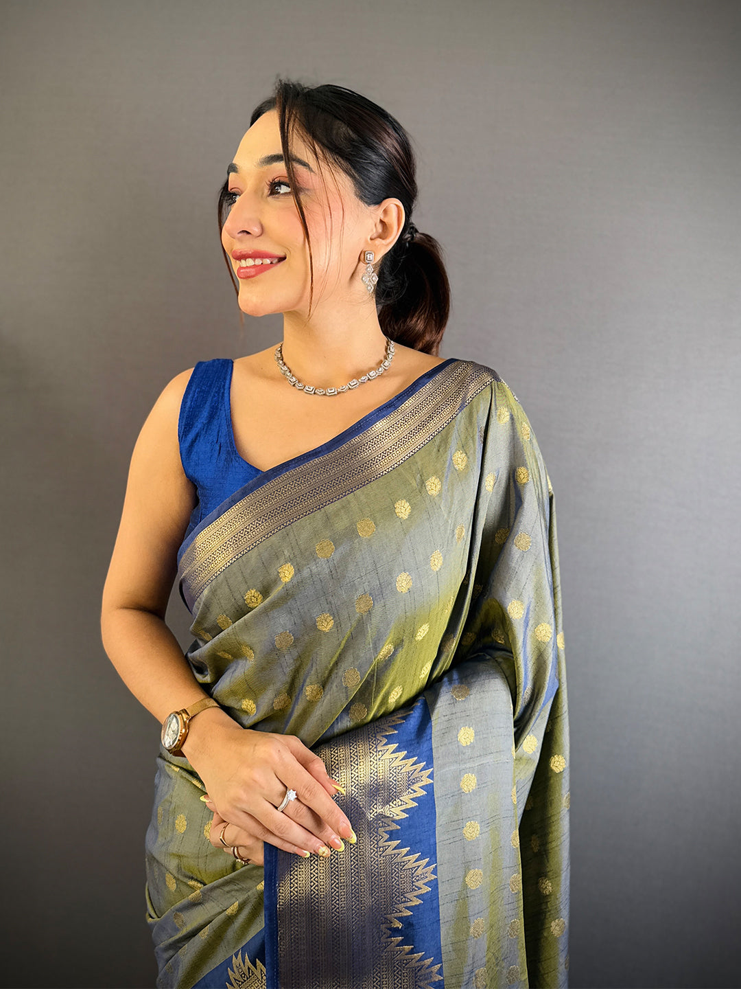 Grey Hand Dyed Raw Silk Saree
