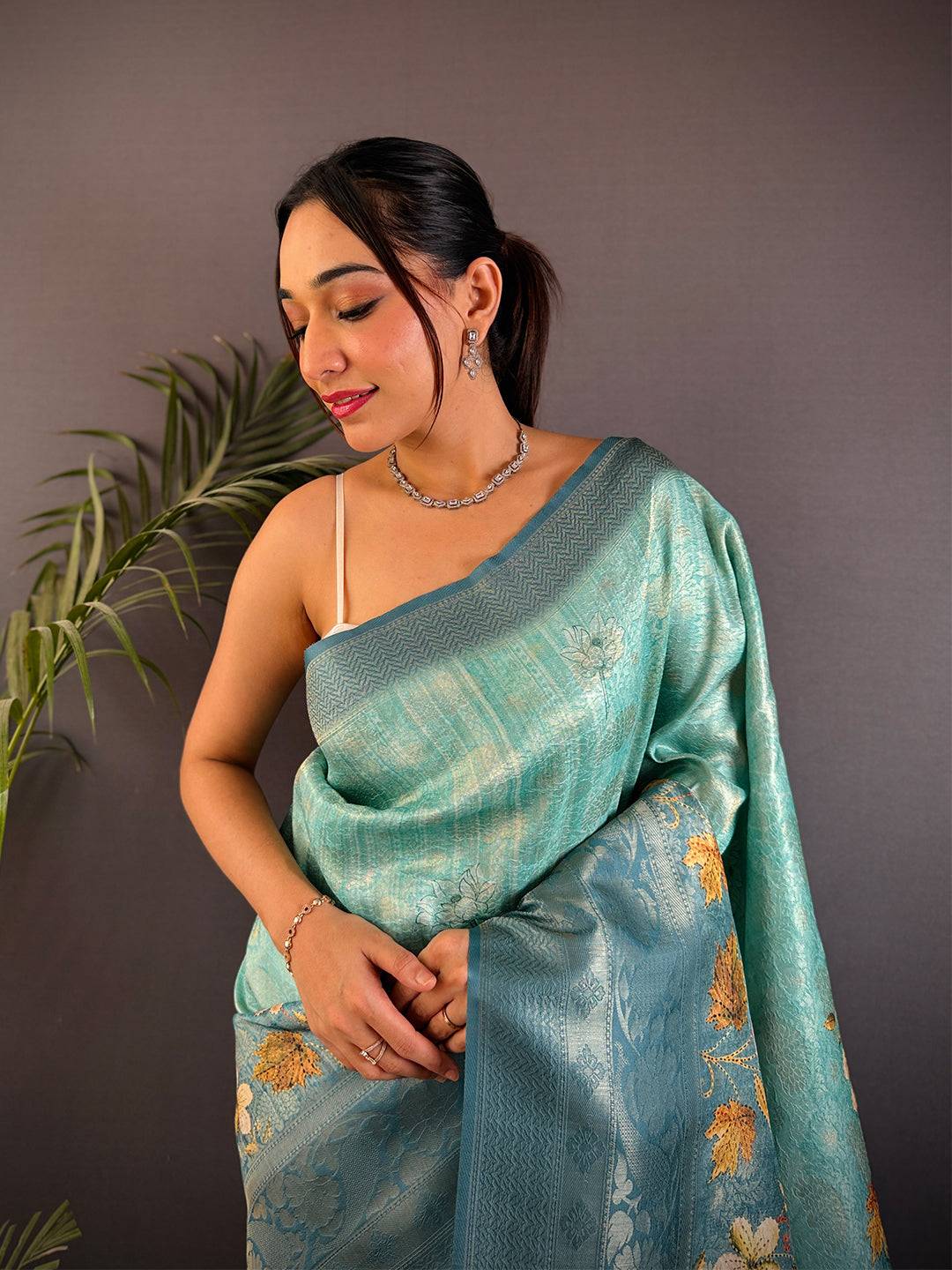 Denim Blue Kanjivaram Silk Digital Print Saree
