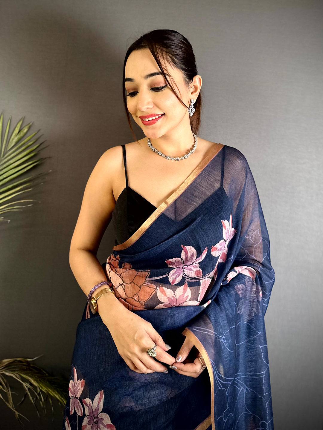 Classic Navy Floral Linen Saree


