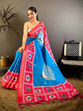 Blue Soft Silk Rudraksha Zari Patola Saree