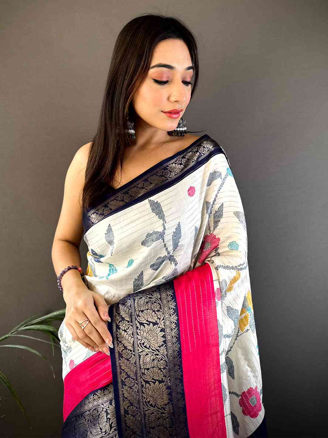 Navy Dola Silk Bird Print Saree
