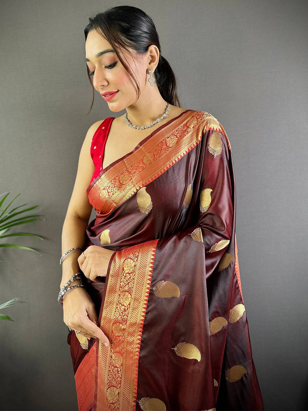 Brown Banarasi Soft Satin Masru Mango Silk Saree