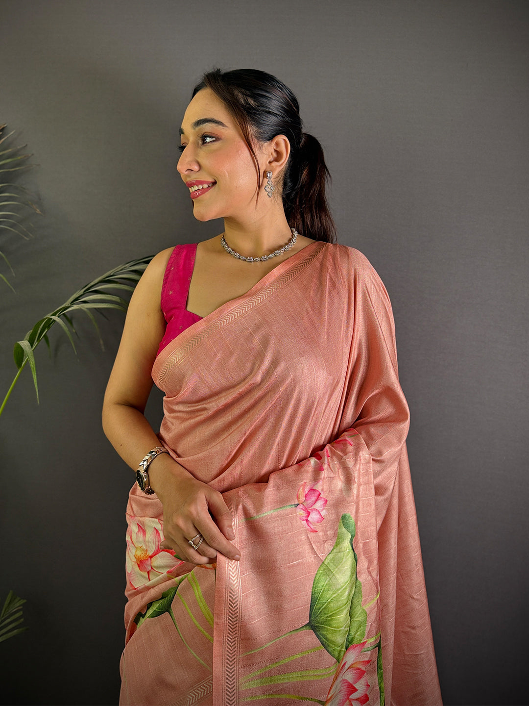 Baby Pink Pichwai Print Tussar Silk Saree