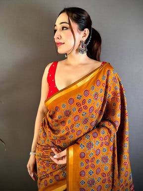 Mustard Mul Cotton Ajrak Vintage Print Saree