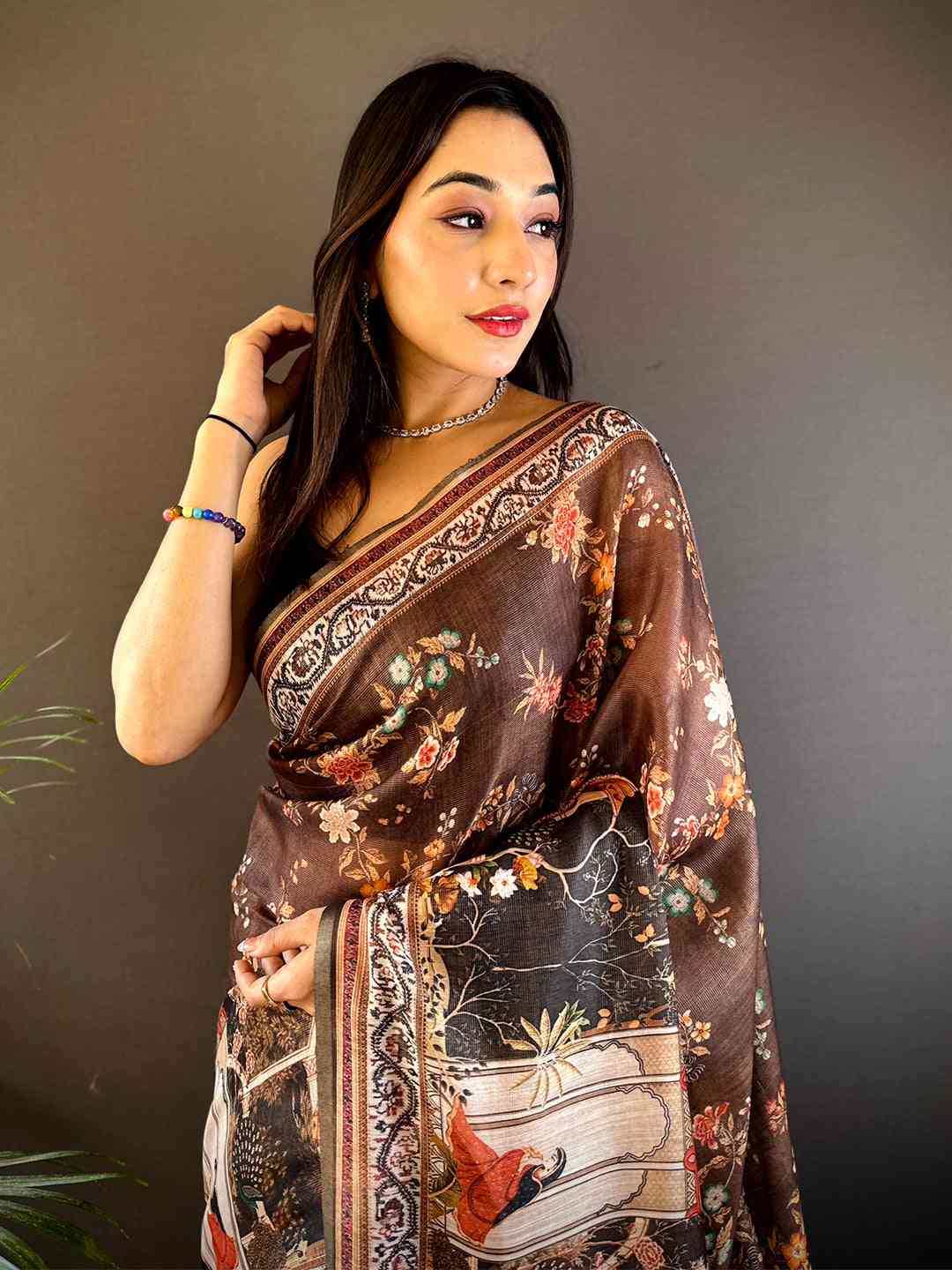 Coffee Brown Tissue Chanderi Kalamkari Handprint Saree