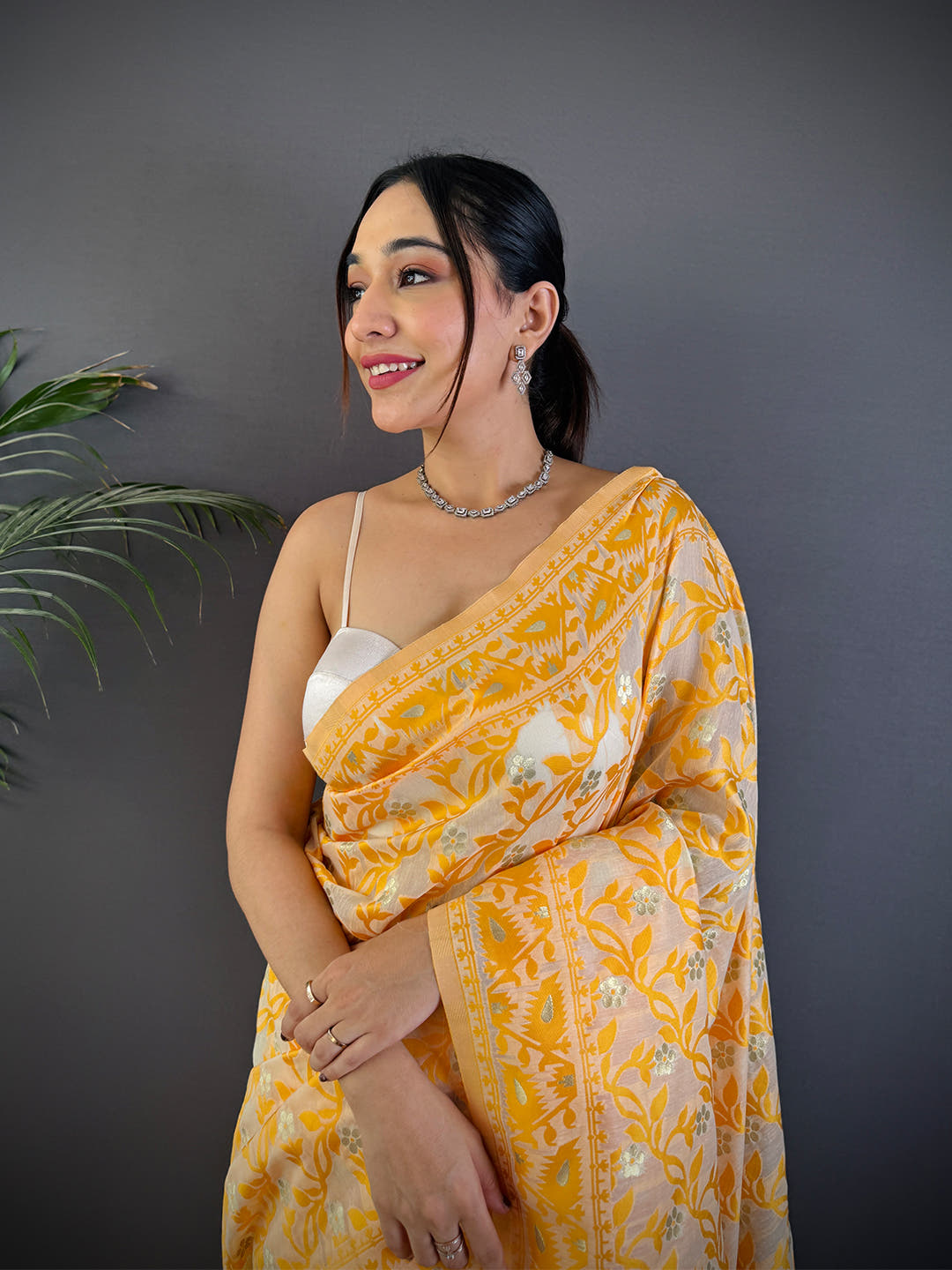 Gold Soft Dhakai Jamdani Silk Saree