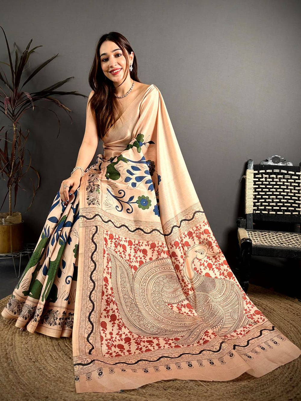 Radiant Peach Printed Soft Tussar Saree