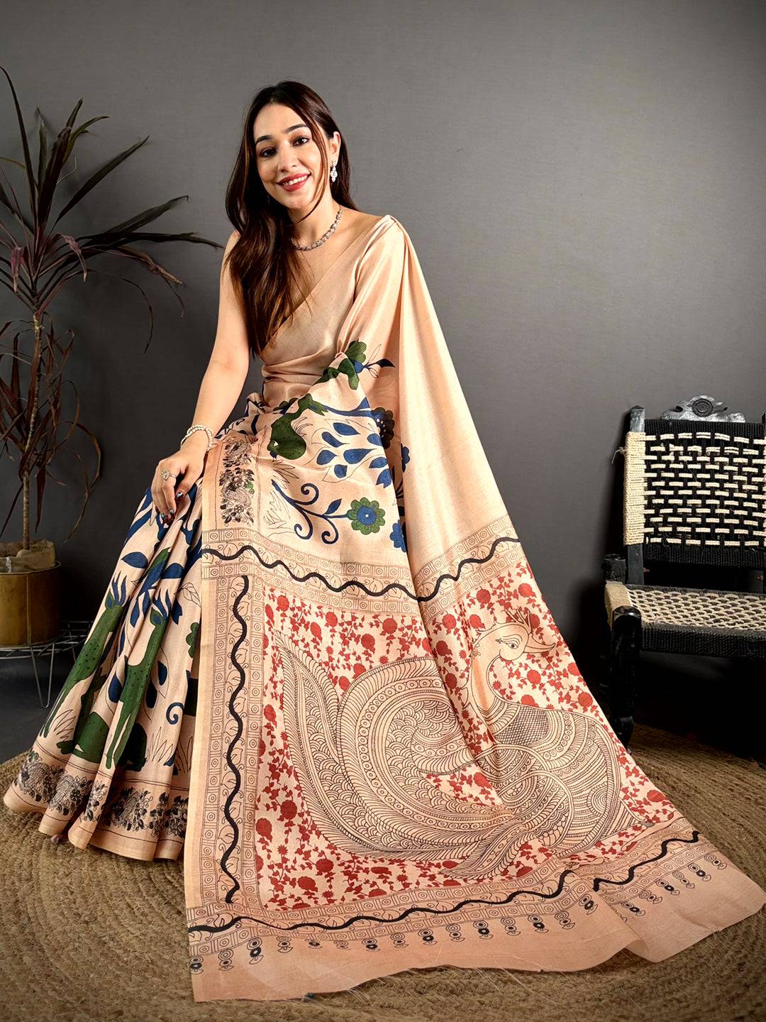 Radiant Peach Printed Soft Tussar Saree