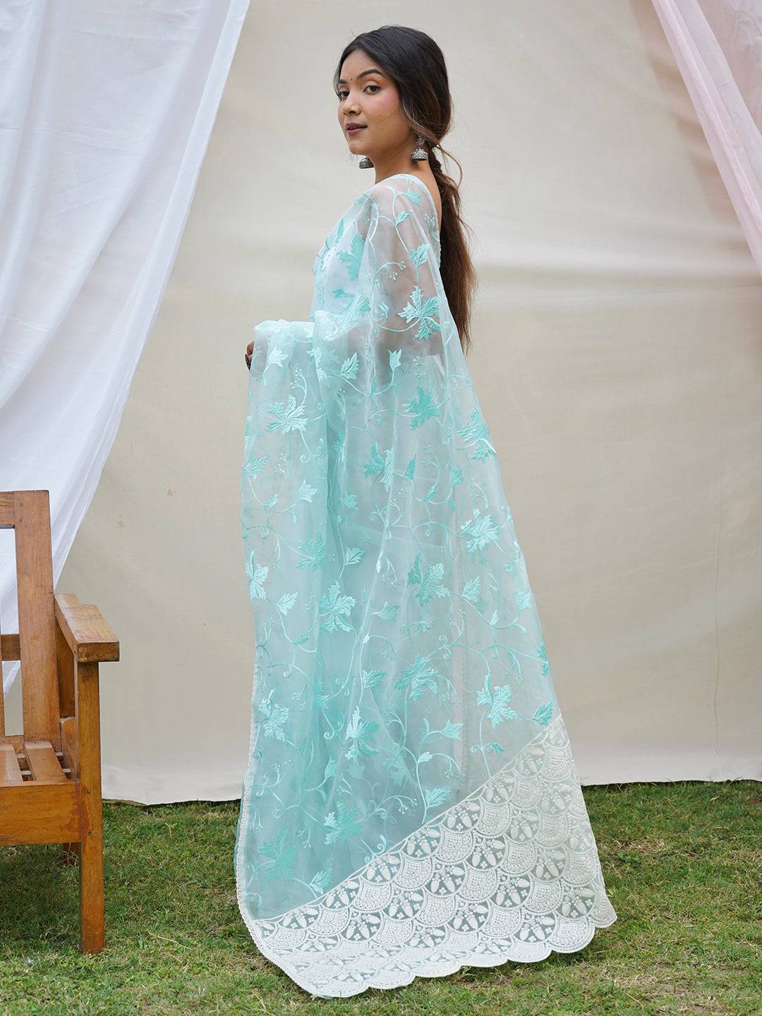Embellished Organza Silk Saree with Lucknowi Chikankari Work