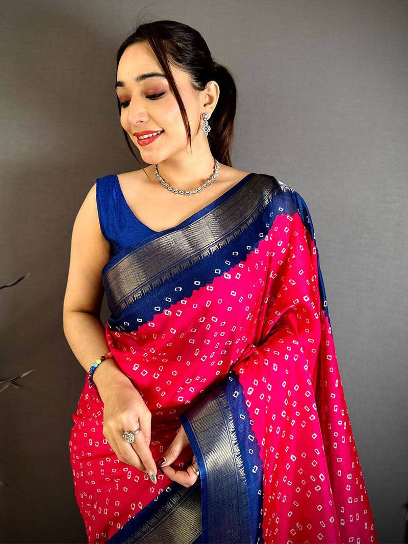 Rani Pink Bandhej Fusion Dola Print Saree