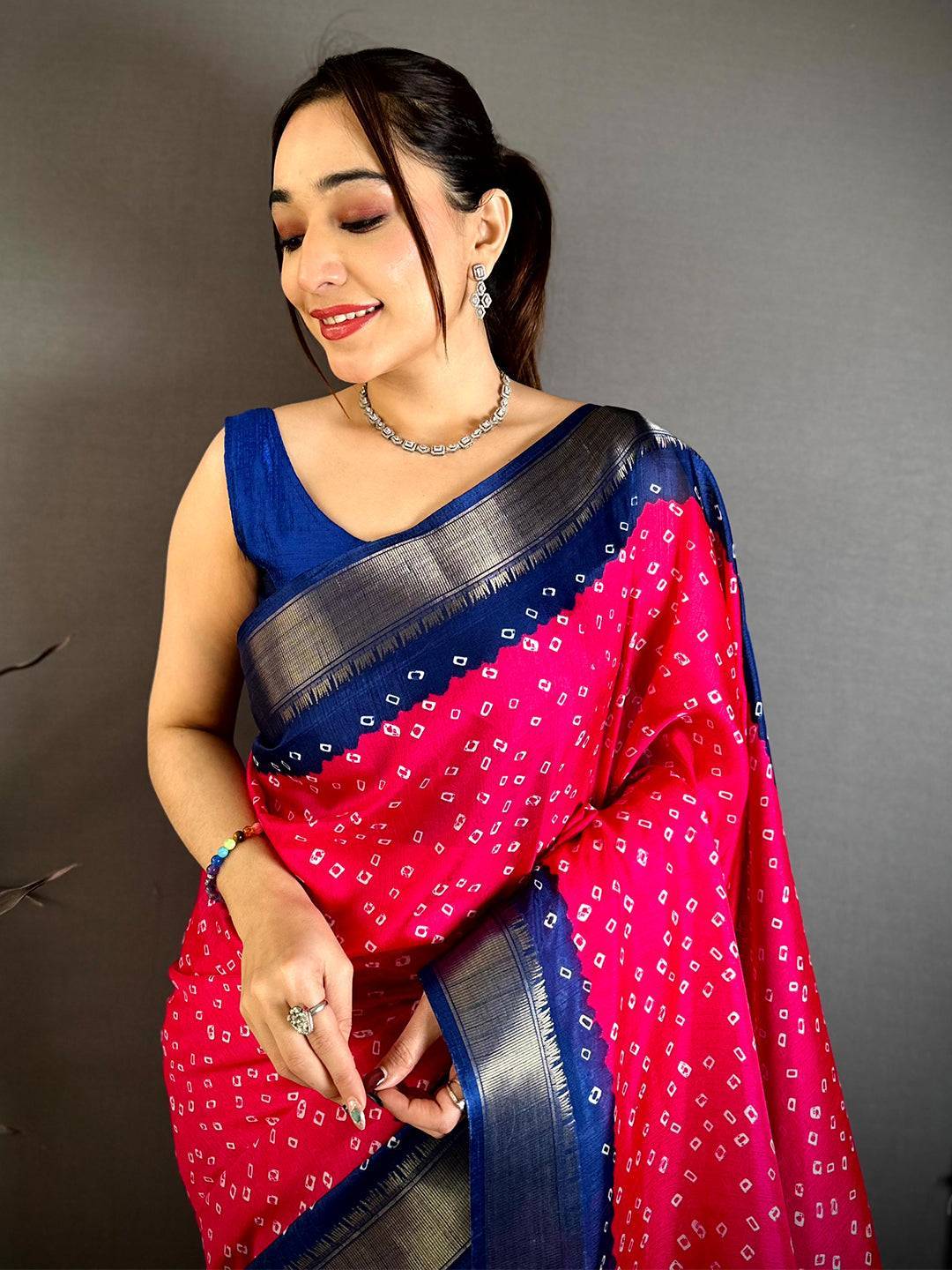 Rani Pink Bandhej Fusion Dola Print Saree