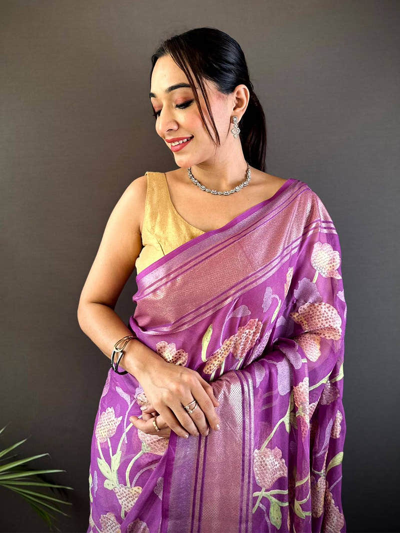Wine Brasso Soft Mina Kari Weaving Saree