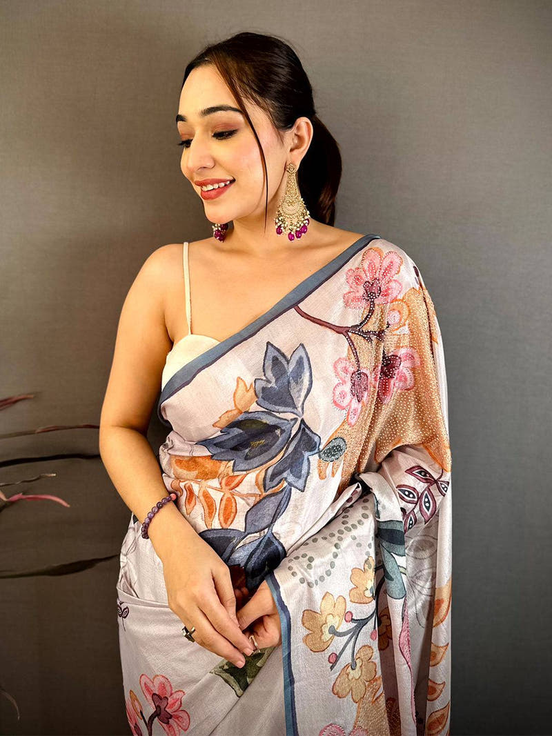 Light Grey Stone Work Floral Chinnon Saree