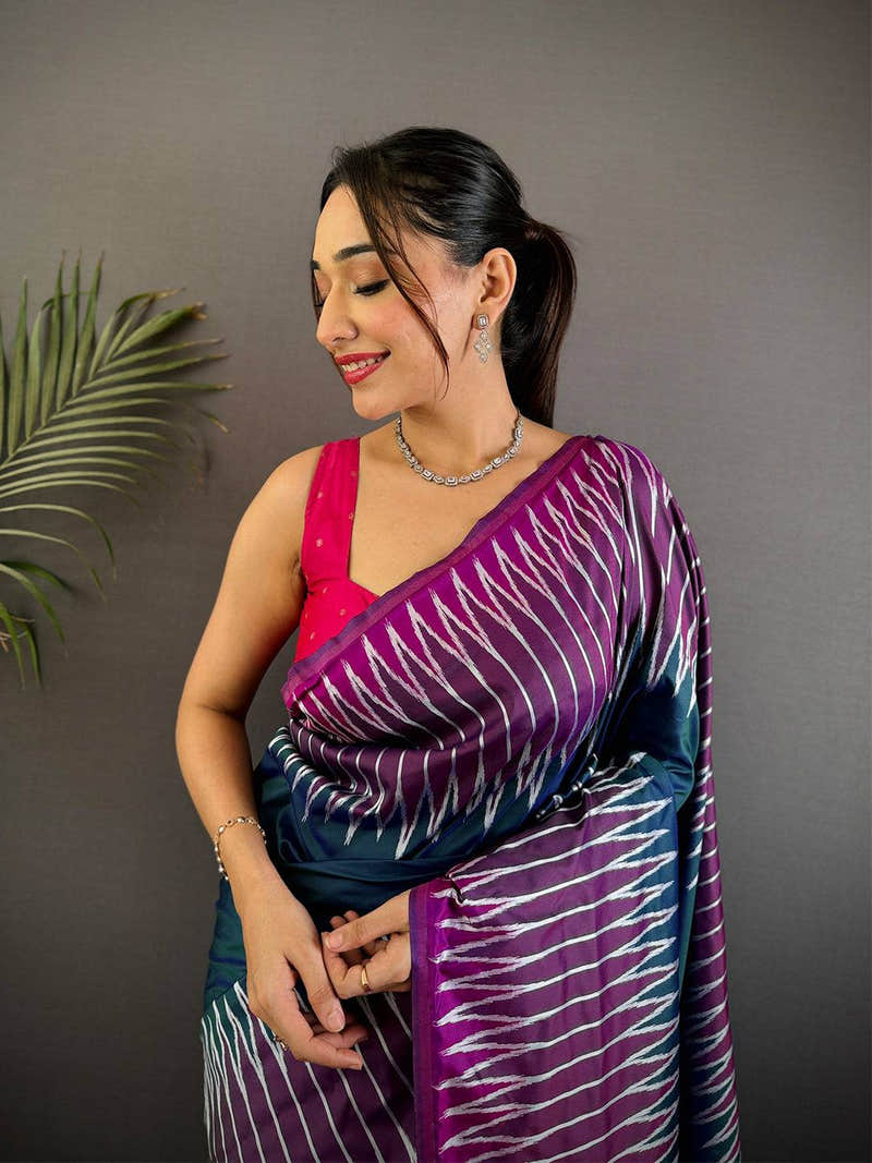 Blue Soft Silk Ikkat Zari Weaving Saree