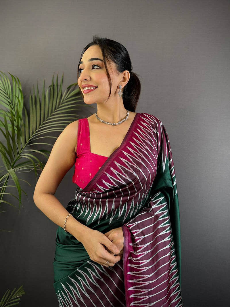 Green Soft Silk Ikkat Zari Weaving Saree