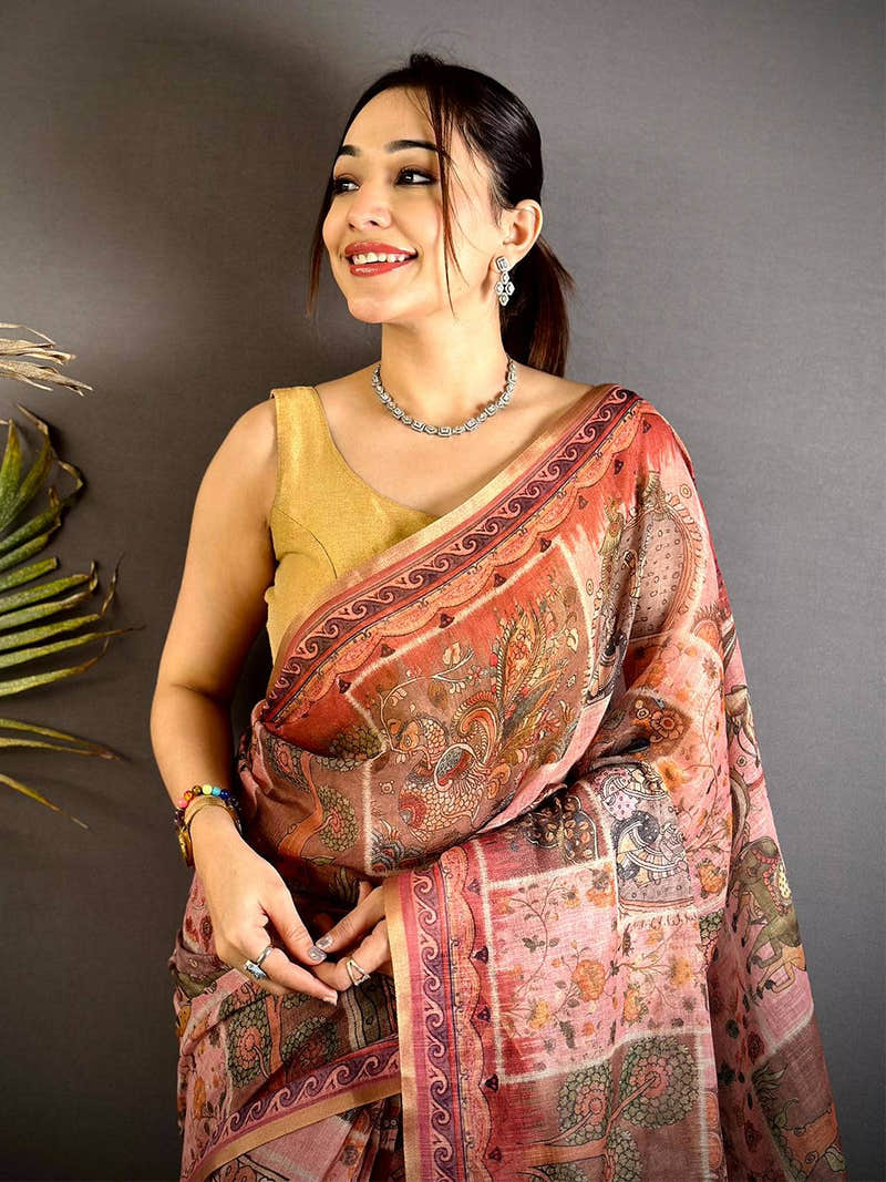 Radiant Minakari Kalamkari Linen Saree