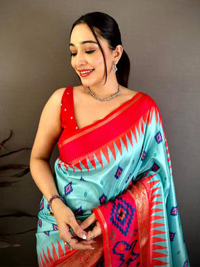 Turquoise Contrast Satin Ikat Zari Silk Saree