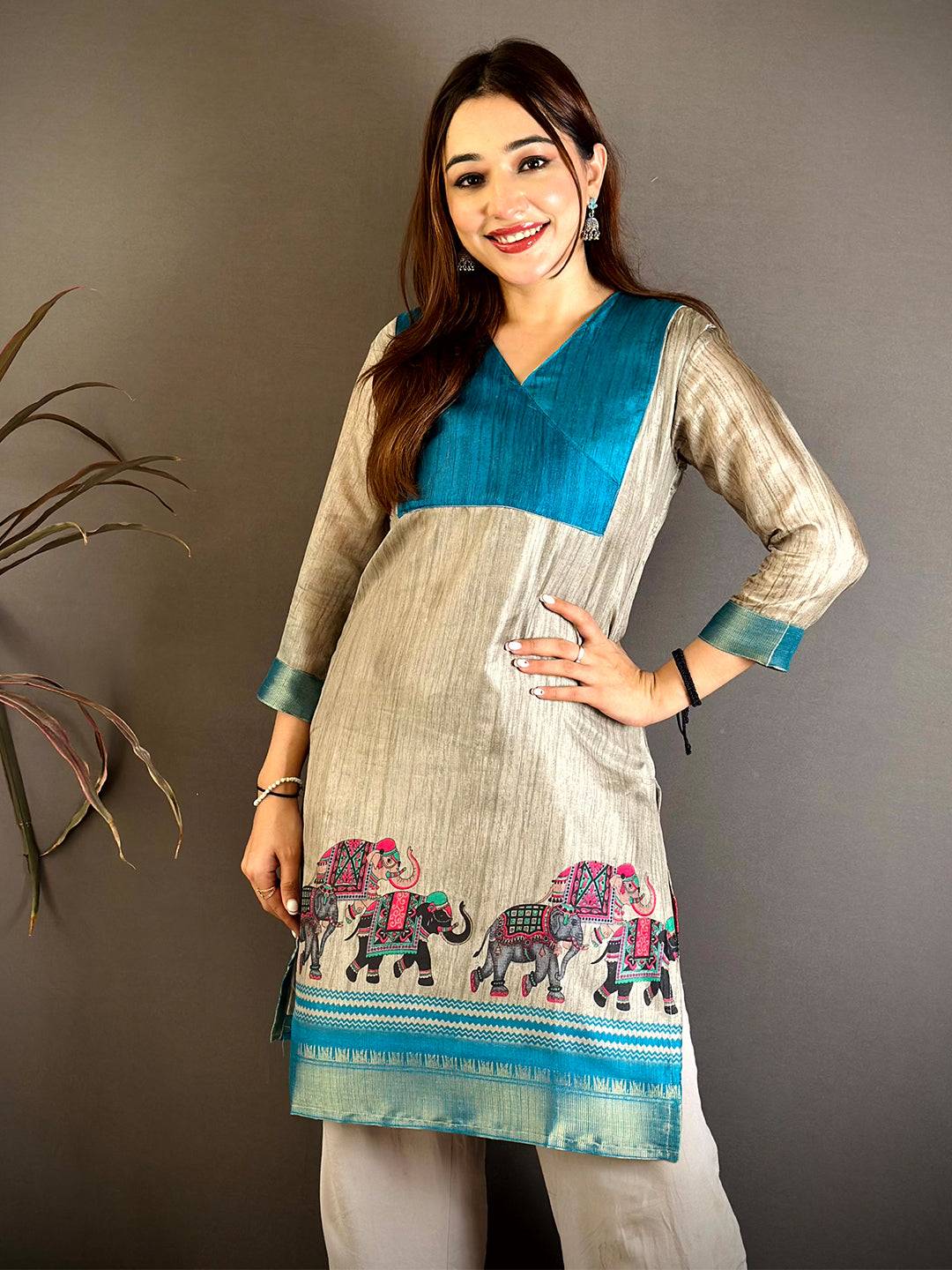 Elegant Soft Dola Silk V-Neck Flared Kurti