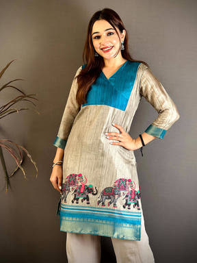 Elegant Soft Dola Silk V-Neck Flared Kurti