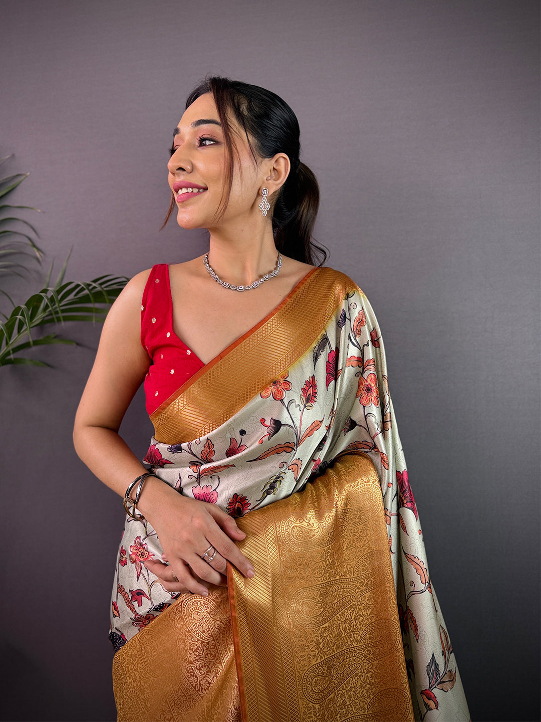 Mint Green Cherry Satin Kalamkari Saree
