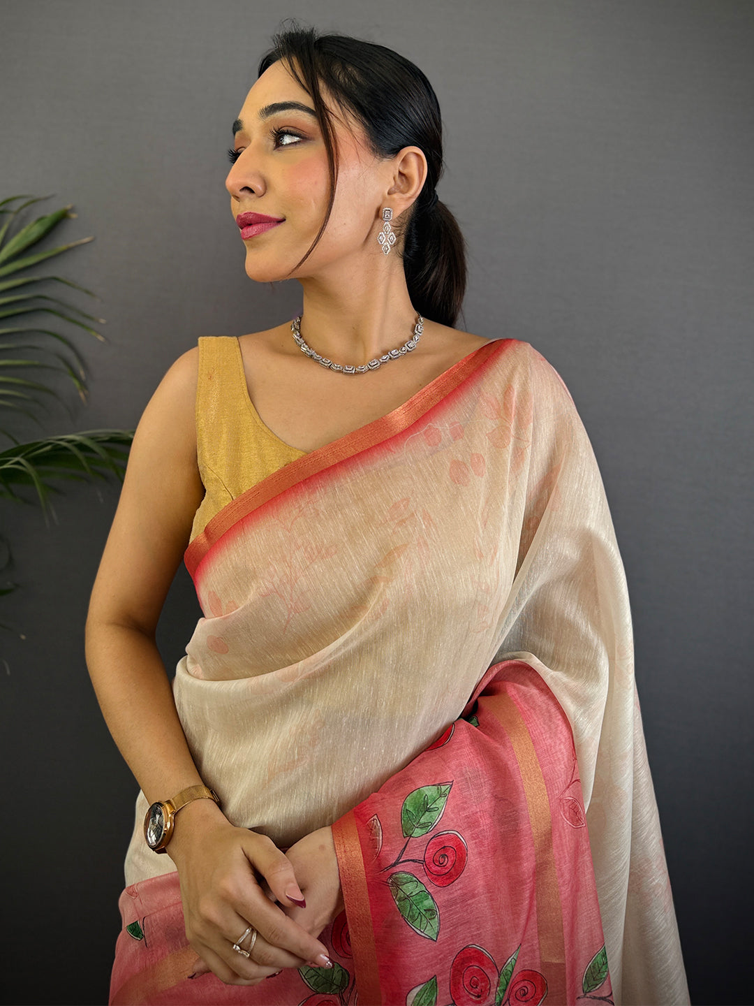 Red Linen Chanderi Floral Print Saree