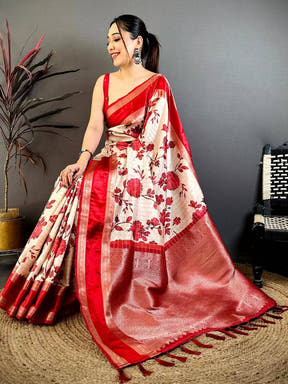 Ivory Soft Silk Gadwal Kalamkari Saree
