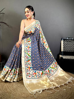 Navy Patola Digital Kanchi Silk Saree