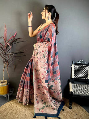 Classic Multicolor Block Print Linen Saree